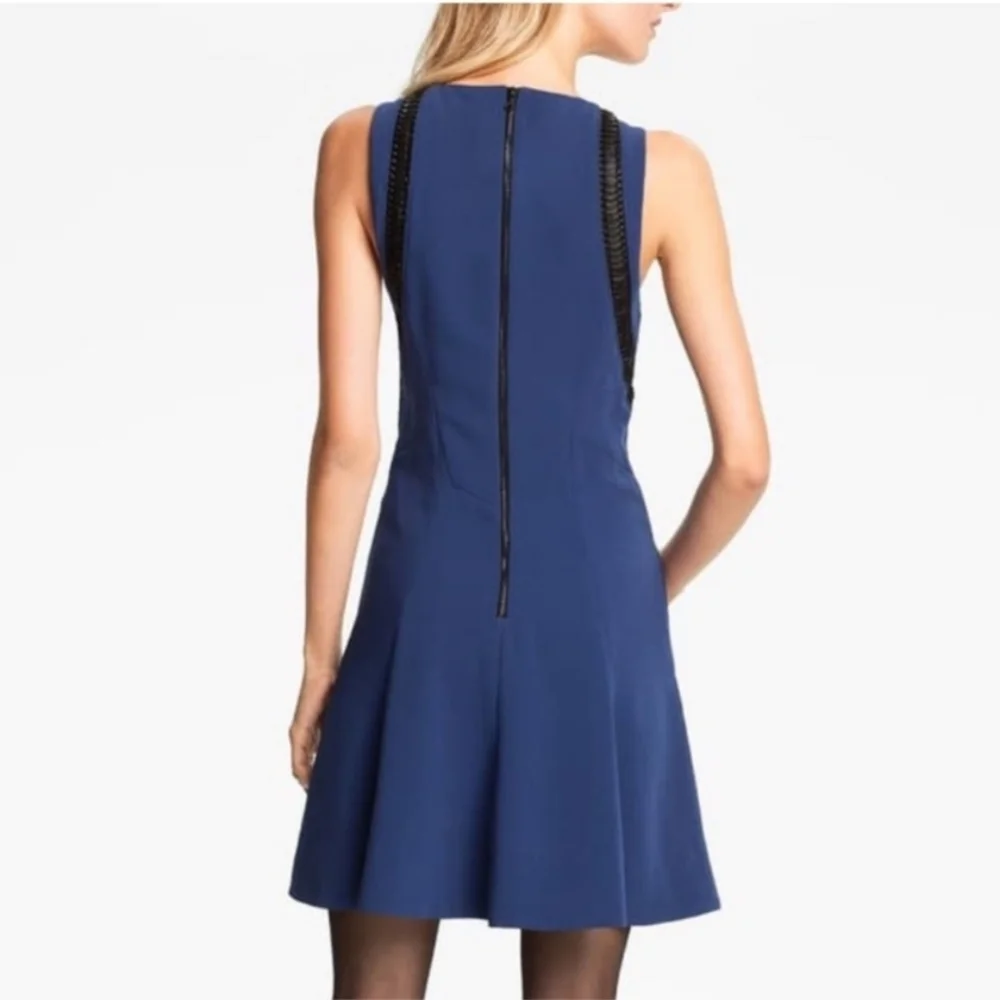 NEW Rag & Bone Renard Dress Mini Blue Leather Trim Flare Sleveless Size 0